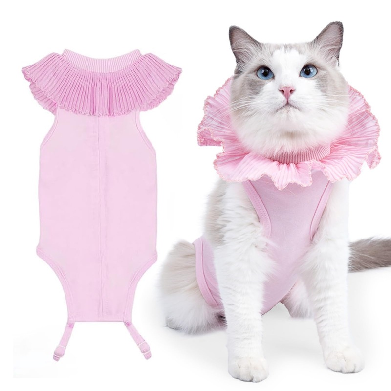 Cat Recovery Suit for Female Cat, Kitten Recovery Onesie for Abdominal Wounds and Skin Diseases, Alternative Cone E-Collar Spay Suits for Cats After Surgery (Pink, L) Pink