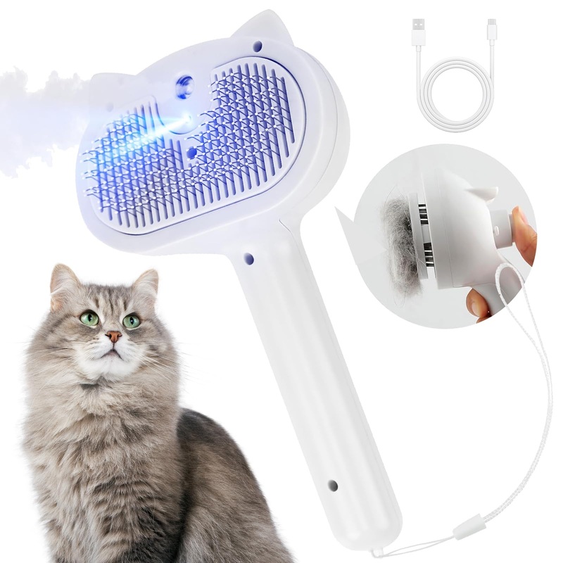 Cat Steam Brush, 4 In 1 Steamy Cat Hair Brush Self-Cleaning Cat Brush for Shedding Pet Hair Grooming Brush with Release Button, Water Tank and Spray for Cats Dogs (White)