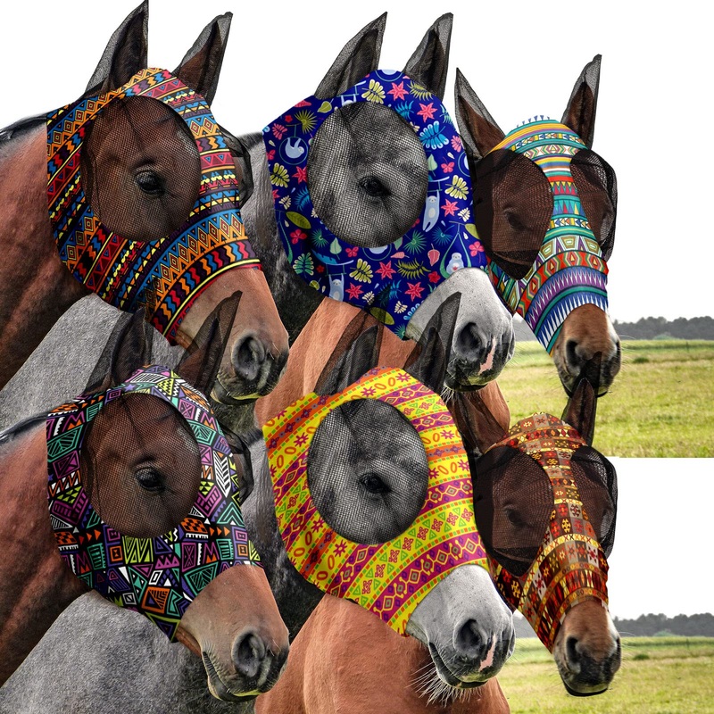 Chunful 6 Pcs Horse Fly Masks for Horses with Ears Smooth and Comfortable Fly Masks Cashel Fly Mask Elasticity Horse Face Mask Horse Masks Covering for Horses Riding Supplies(Large, Geometric) Large