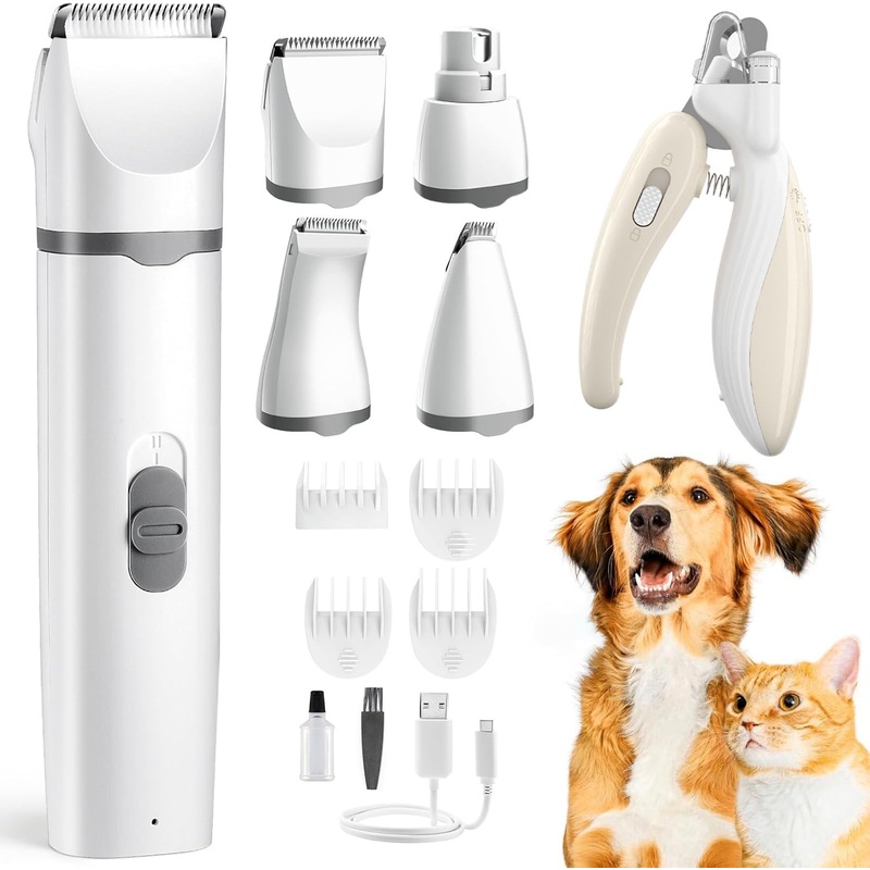 Dog Grooming Kit, Dog Paw Trimmer and LED Dog Nail Clippers, Low Noise Rechargeable Cordless Pet Shaver, Cat Grooming Kit for Dogs at Home