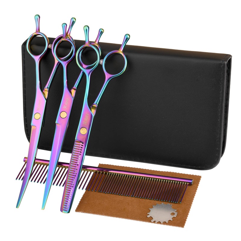 Dog Scissors for Grooming with Safety Blunt Tip, Dog Grooming Scissors Set for Pets, Professional 7 in 1 Grooming Scissors for Dogs and Cats – 6CR Coated Steel (Rainbow) Rainbow