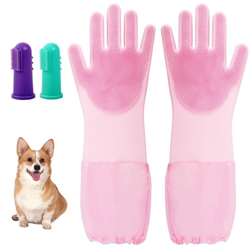 Dog Washing Gloves Finger Toothbrush,2-in-1 Pet Shower Set,Dog Bath Gloves with Extended Length,Comfortable Pet Washing Gloves for Gentle Bathing Efficient, Multifunctional Silicone(Pink)