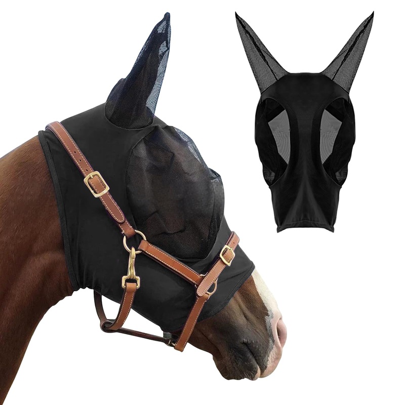 HUIKANGSHENG Horse Fly Mask with Ears Fit for Pony – Equine Fly Mask for Horses with Sunlight Protection, Large Eye Space with Breathable Elastic Fabric, Horse Mask Suitable for Small Size Horses