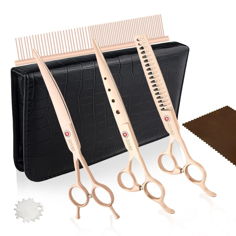 LILYS PET Professional PET DOG Grooming scissors Cutting&Curved&Thinning shears,Round Hole Design, Shark Teeth Thinning scissor (7″, Gold) 7″