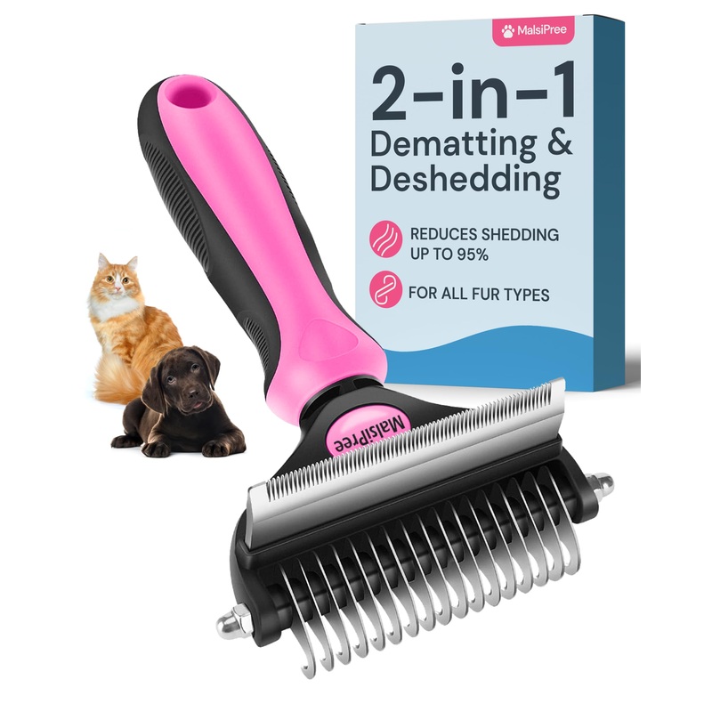 MalsiPree Pet Grooming Brush and Undercoat Rake for Dogs and Cats, 2-in-1 Pink Deshedding & Dematting Tool for Mats & Tangles – Pet Dematting Brush