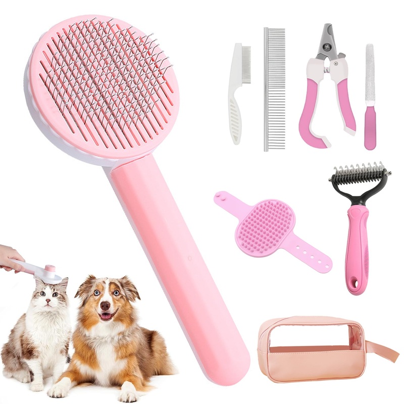 Pet Grooming Brush Kit 7pcs, Cat Brush with Release Button Comb Set for Shedding -Cat Brush&Nail Clippers File Set for Cat Dogs Long matted Haired Pets and Nail Repair(Pink) 7PCS-Pink