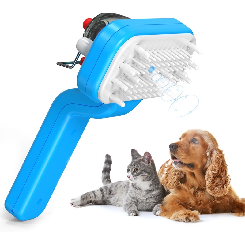 Pet Grooming Comb by DEALGO, Cat Brush, Dog Brush, Humidified & Massaging & Detangling, One-button Remove Hair, Non-Slip Handle, Rechargeable, For Cats & Dogs (Blue, Regular) Blue