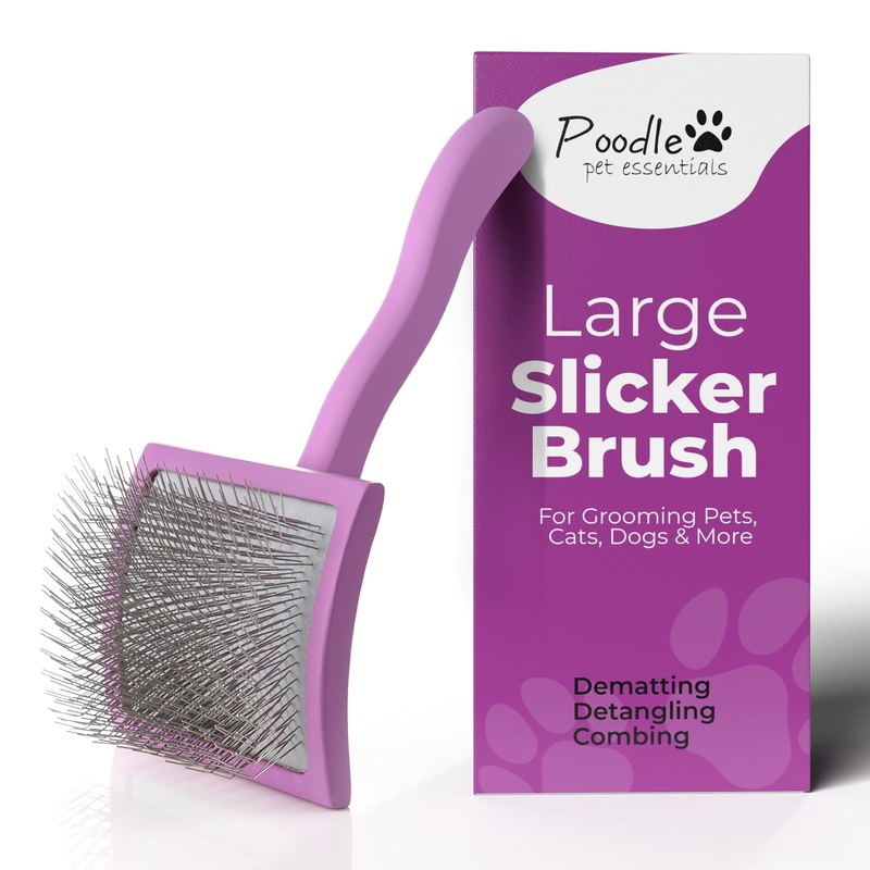 POODLIE Slicker Brush for Dogs – Detangling Dog Brushes for Grooming with Soft Bristles & Long Pins – Professional Cat Deshedding Tool to Removes Tangles & Dirt (Large) Square Large Slicker Brush Purple