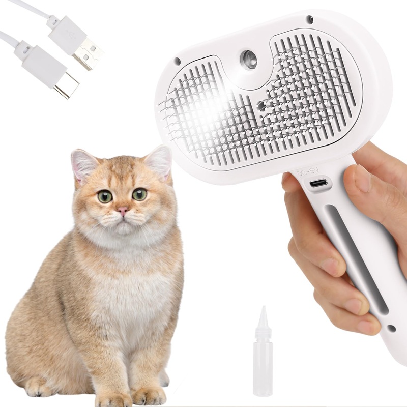 Steam Brush for Long Haired Pets – Self Cleaning Grooming Tool for Cats and Dogs to Reduce Shedding, Static and Flying Fur, White