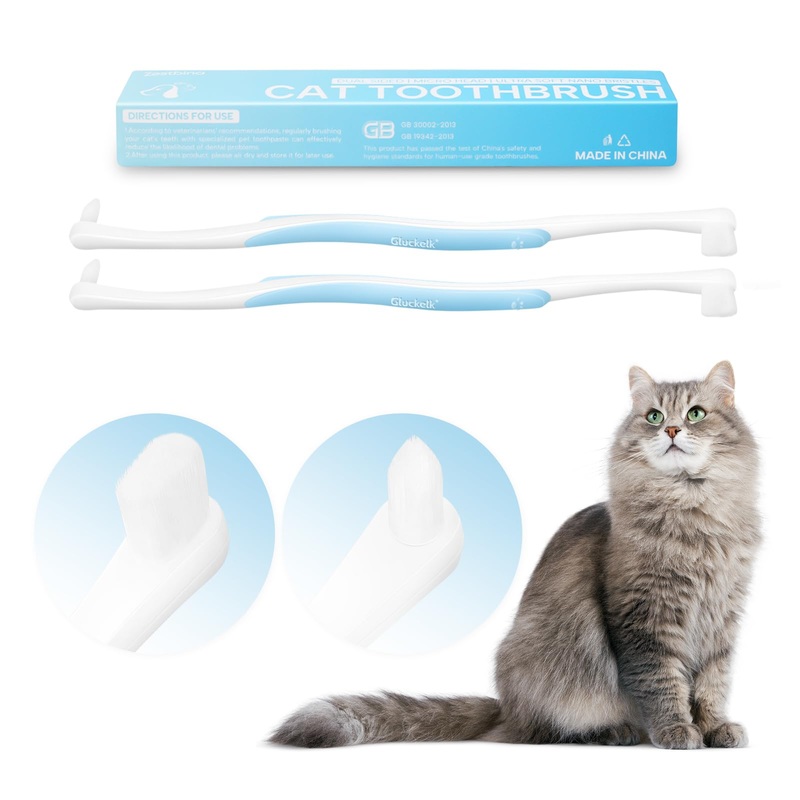 2 Pcs Dual-Sided Cat Toothbrush with Micro Brush Head, Ultra Soft Nano Bristles Pet Toothbrush Kit, Kitten/Puppy Toothbrushes, Fit into Cats/Small Dogs Mouth, Avoid Bleeding Gums 2