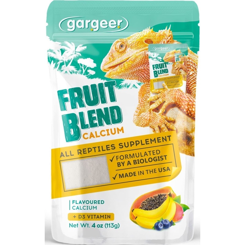 4oz All Reptile Calcium with Vitamin D3, Phosphorus-Free, Ultrafine Powder. Pure dust, Real Fruits Blend Flavored Ready to Use Supplement, for Lizards & Amphibians. Made in The USA. Enjoy ! Fruit Blend Calcium + D3