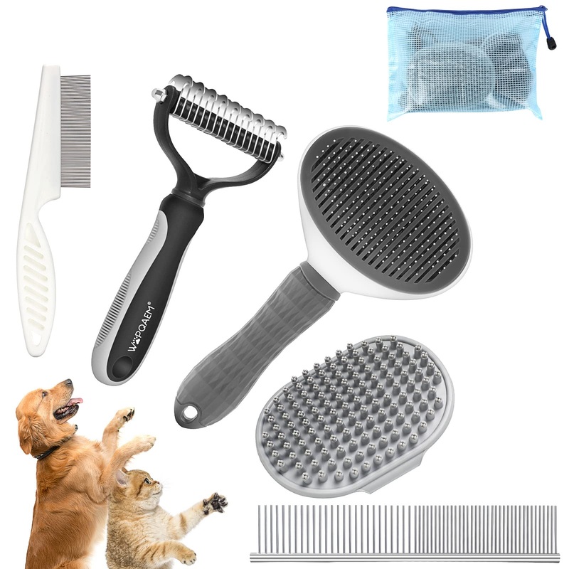 5 in 1 Dog Grooming Kit – Self-Cleaning Slicker Brush for Shedding Short Long Haired Dogs & Cats, Includes Pet Comb, Flea Comb, Bath Brush, Undercoat Rake – Complete Fur Care Set – Gray