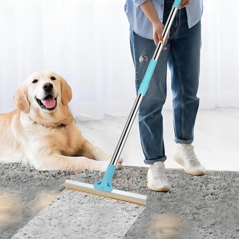55 Adjustable Long Handle Carpet Broom for Pet Hair Removal, Light Blue Pet Hair Carpet Broom, Dog Hair Remover for Carpet, Laundry Rugs Mat Couch Furniture