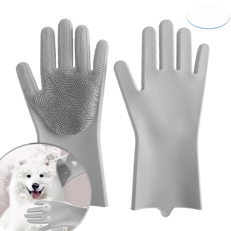 All-in-One Dog Bath & Grooming Gloves – Static Magic for Hair Removal, Heat-Resistant Silicone for Dogs and Cats with Non-Slip Massage Design – Grey