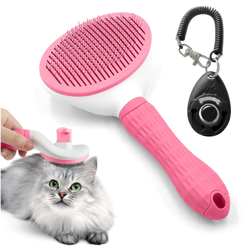 Cat & Dog Grooming Essentials: Self-Cleaning Slicker Brush for Shedding, Long Hair & Clicker for Training (PINK) PINK