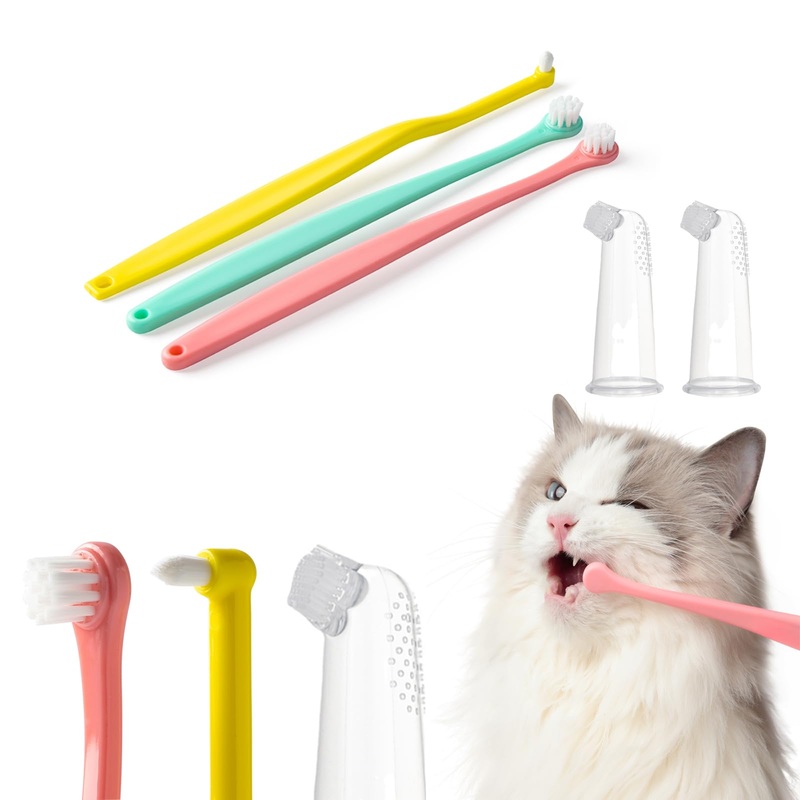 E.M&S.T by Emmeliestella Small Dog & Cat Toothbrush KitMicro Head, Kitten Toothbrush, Finger Brush, Starter Kit, Round & Pointed Design, Pet Dental Care, Soft Bristles, Multi-Angle, Deep Clean, 5PCS