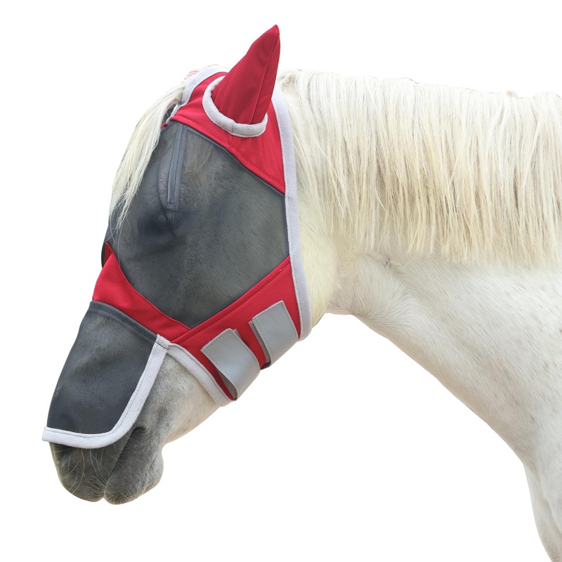 Fine Mesh Horse Fly Mask Full Face Ears Nose & Eyes UV Protection Red with Nose