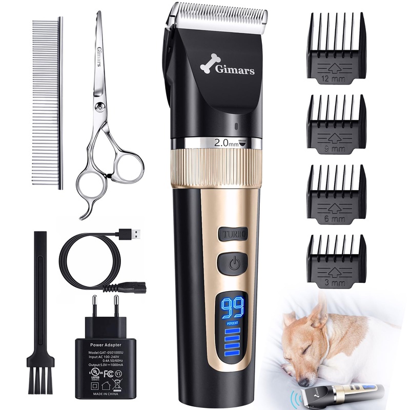 Gimars Cordless 3-Speed Dog Clippers with Stainless Steel Dog Grooming Scissors Kits, Low Noise Quiet Rechargeable Pets Hair Thick Coats Trimmers Dog Shaver Clippers Kit for Dogs Cats Pet
