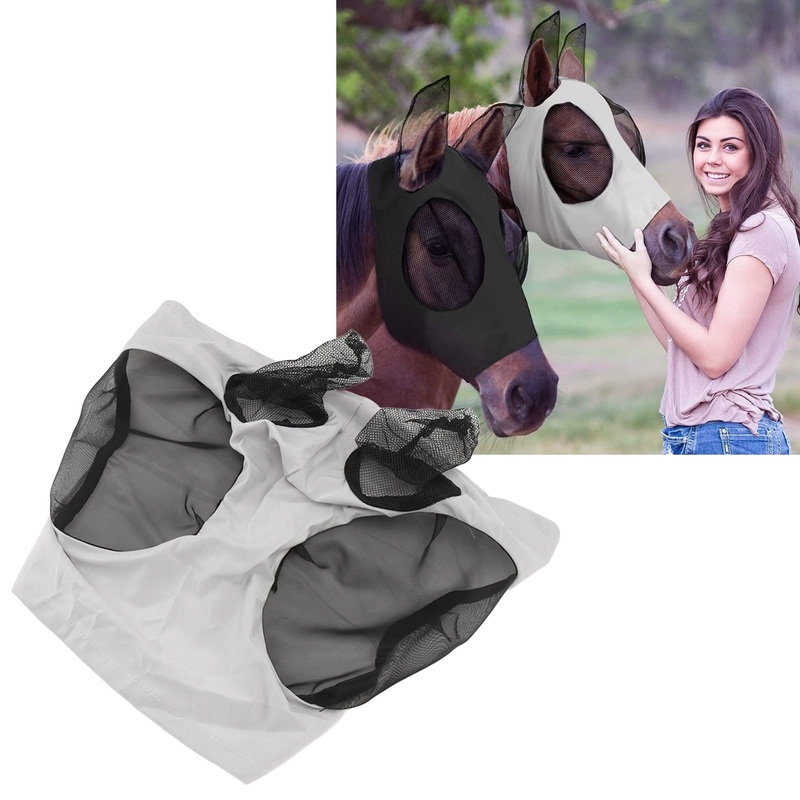 Horse Mesh Fly Mask Breathable Elastic Horse Face Mask with Ears Riding Equestrian Equipment Fit for All Types of Horses, 17.3×14.2in (Grey)