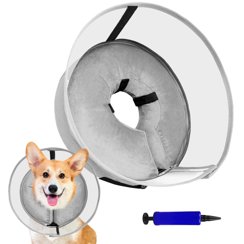 Inflatable Dog Cone Collar, Soft Dog Cone After Surgery, for M M+ L XL Dogs, with Detachable Anti Licking Shield and Inflator, 2 in 1 Adjustable Alternative, Does Not Block Vision, Grey (M) M (8.3″-10.2″)