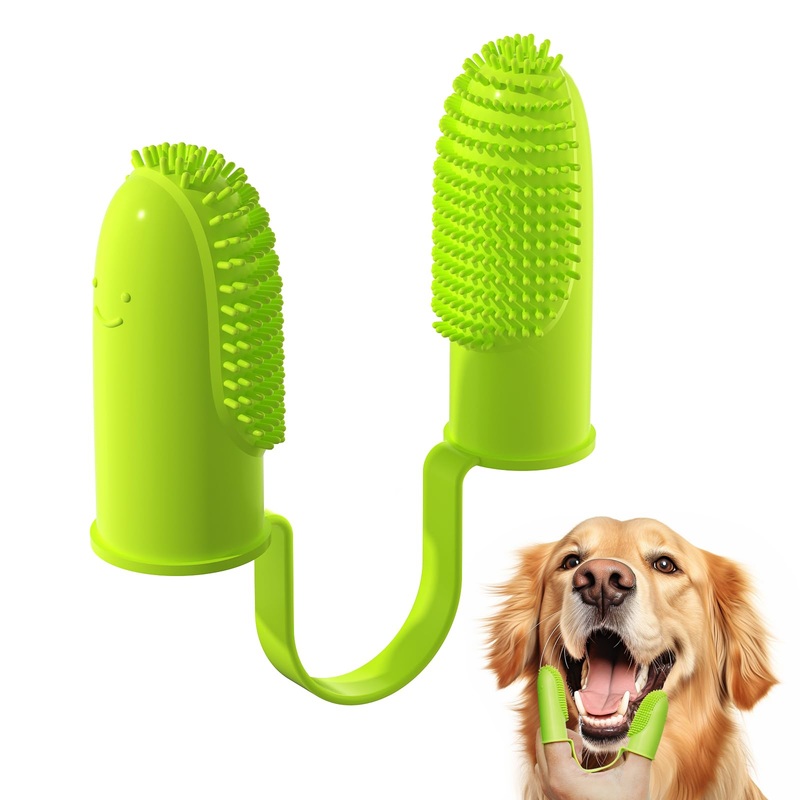 LOOBANI Dog Toothbrush Finger – Double Finger Toothbrush for Dogs, Surround Bristles, TPR Dog Finger Toothbrush Effective Teeth Cleaning, Green