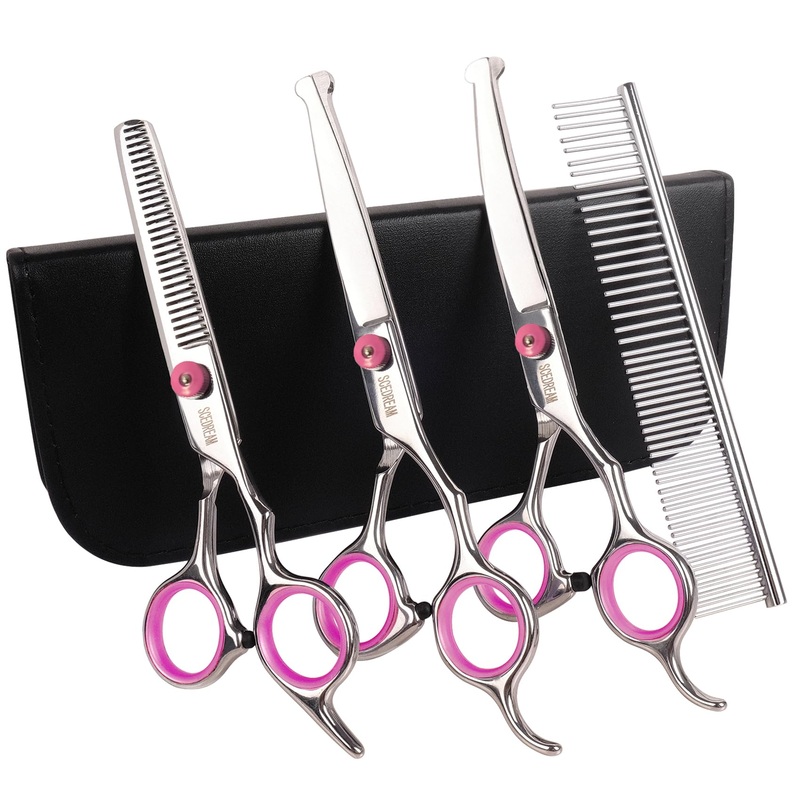 Professional Dog Grooming Scissors with Safety Round Tips, 5 in 1 Dog Grooming Scissors Kit, 4CR Stainless Steel Professional Pet Grooming Shears for Dog, Sharp and Durable, Pink Pink 5 in 1