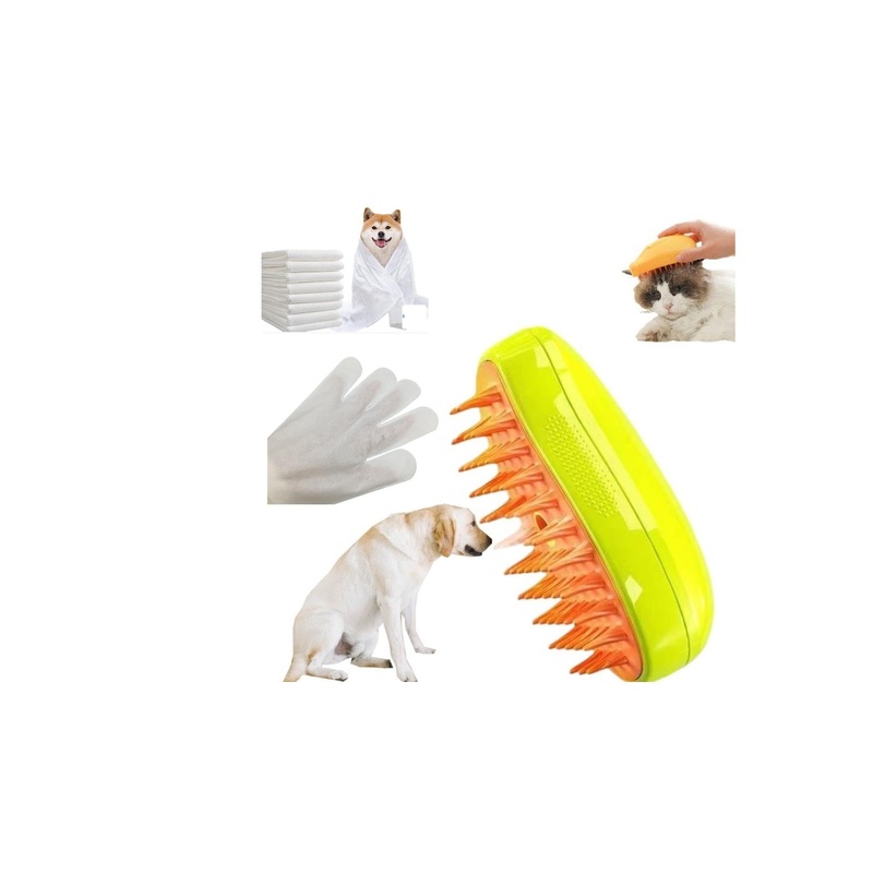 Steamy Cat Brush, Pet Steam Brush for Dog, 3-In-1 Grooming Tool, Mango yellow