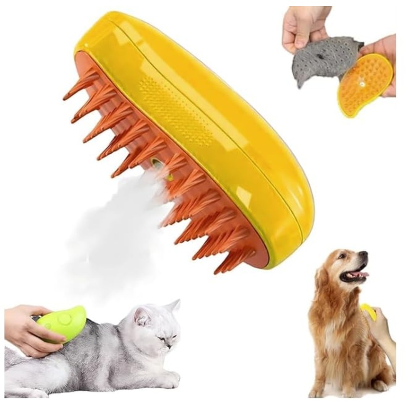 Steamy Pet Brush Grooming Tool for Shedding and Cleaning- Best Cat and Dog Silicone Hair Brush for Massage. Multifunctional and Rechargable (yellow) yellow