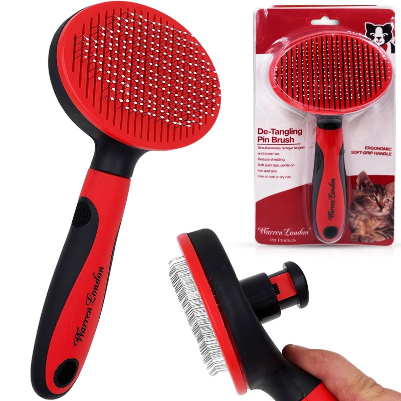 Warren London Cat Pin Brush | Ergonomic Grip with Fur Ejector | Kitten & Cat Deshedding & Detangling Brush | Soft Bristles for Rabbits, Ferrets & Dogs