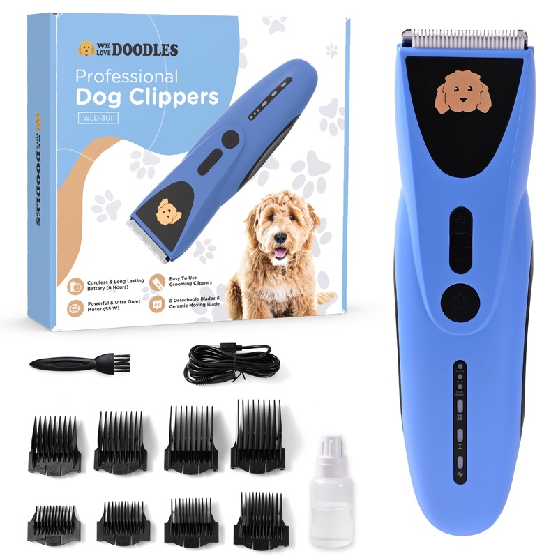 We Love Doodles Dog Clippers for Thick Coats – Powerful and Ultra Quiet Dog Trimmer for Grooming, Cordless Dog Hair Trimmer, 8 Detachable Blades Pet Clippers, Easy to Use Dog Hair Clippers
