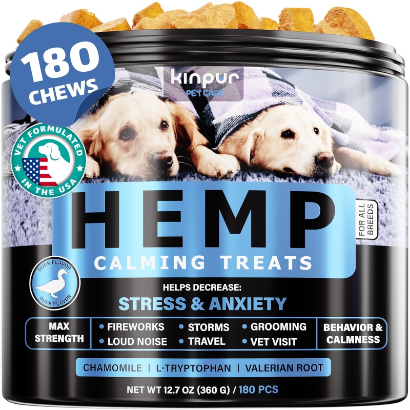Calming Chews for Dogs with Hemp Oil – Dog Calming Treats with Duck Flavour – Aid During Thunderstorms, Fireworks, Separation, Car Rides – Hemp Dog Treats for Calming Support – 180 Chews