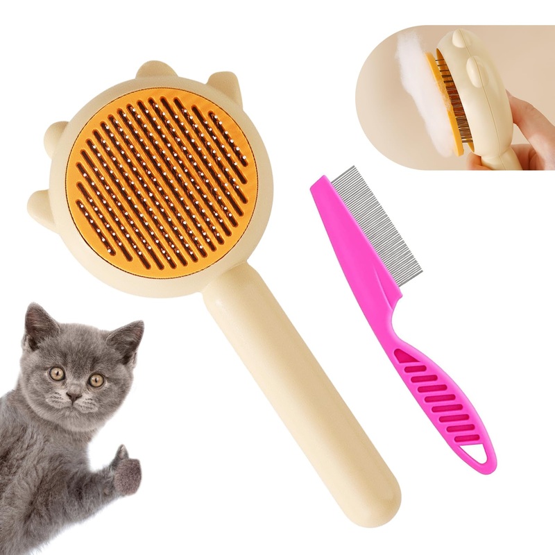 Cat Dog Brush with Release Button, Skin Friendly Grooming Cat Brush, Shedding Brush for Short or Long Haired Cats/Dogs, by gooljing (Yellow) Yellow