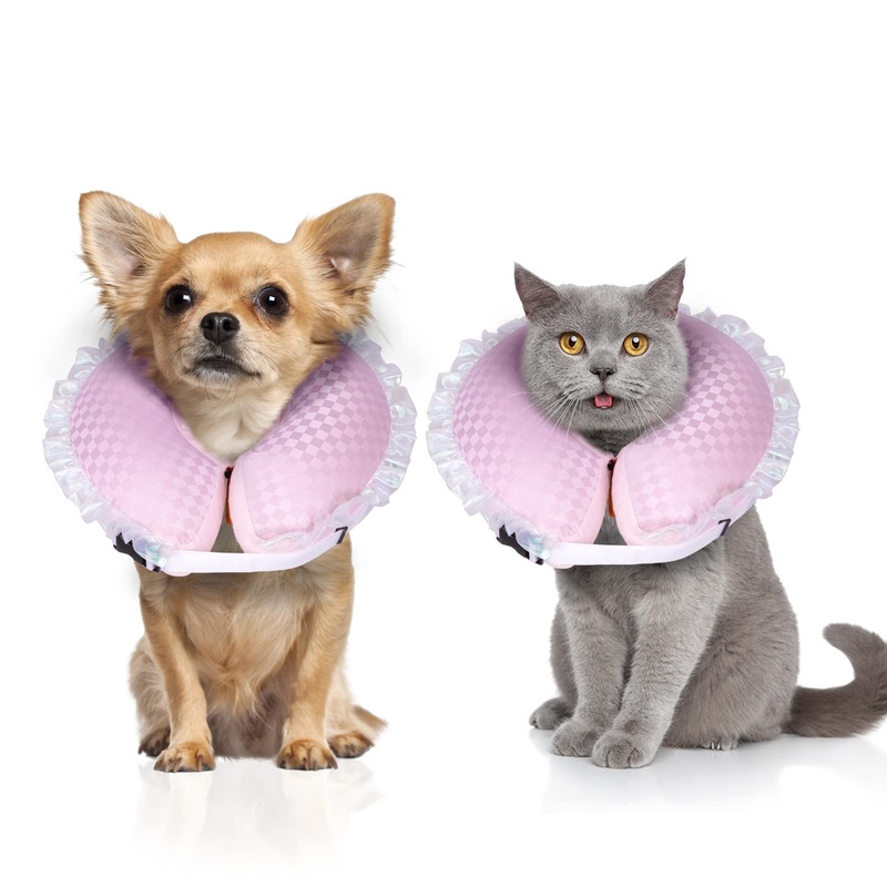 CuteBone Inflatable Cat Cone to Stop Licking After Surgery-Double Adjustable Neck Range P23SO00101S Upgrade-pink plaid Small