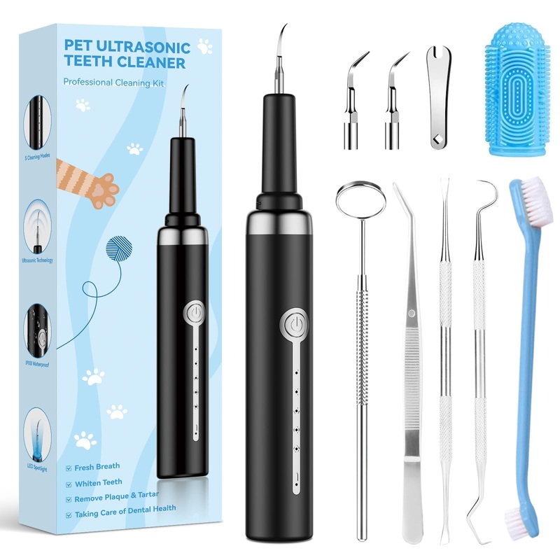 Dog Plaque Tartar Remover for Teeth, Pet Ultrasonic Tooth Cleaner, Dental Tools Cleaning Kit for Teeth Stains for Dogs & Cats with 5 Modes (Black) Black
