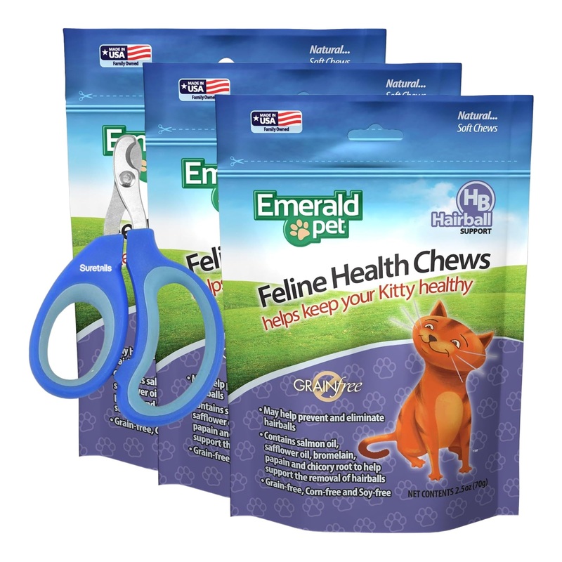 Feline Health Chews, 2.5oz, Bundled with Suretails Pet Nail Clipper – Hair Prevention for Cats, Grain-Free Cat Hairball Control, Cat Digestive Treats & Reduced Shedding [Pack of 3]