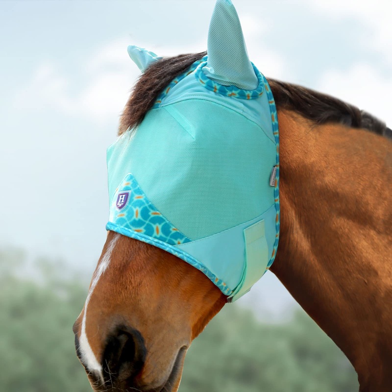 Harrison Howard Horse Fly Mask Half Face with Ears Fleece Edging with Attractive Patterns Adds More Flair Mint Warmblood Extra Large Warmblood (XL)