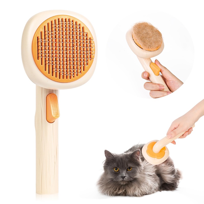 Premium Self-Cleaning Pet Deshedding Brush for Cats & Dogs – Easily Removes Loose Fur, Mats, and Tangles Coat Types – Comfortable Grip & Gentle Massage Particles -ApricotYellow ApricotYellow