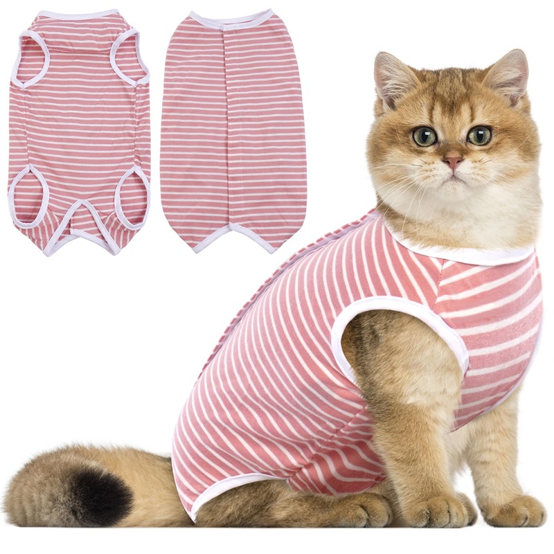 QBLEEV Cat Recovery Suit, Cat Surgery Recovery Suit Female, Kitten Cat Onesie for Cats After Surgery, Pet Cat Spay Surgical Recovery Suit Soft Cat Clothes Abdominal Wound Skin Diseases Protection XS Pink White Stripes