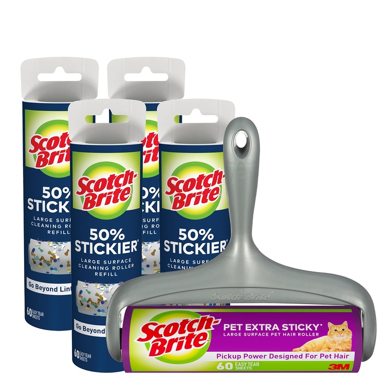 Scotch-Brite Pet Extra Sticky Large Surface Roller, Designed for Pet Hair (60 Sheets) + Scotch-Brite 50% Stickier Large Surface Roller Refill, 60 Sheets (Pack of 4), 240 Sheets Total