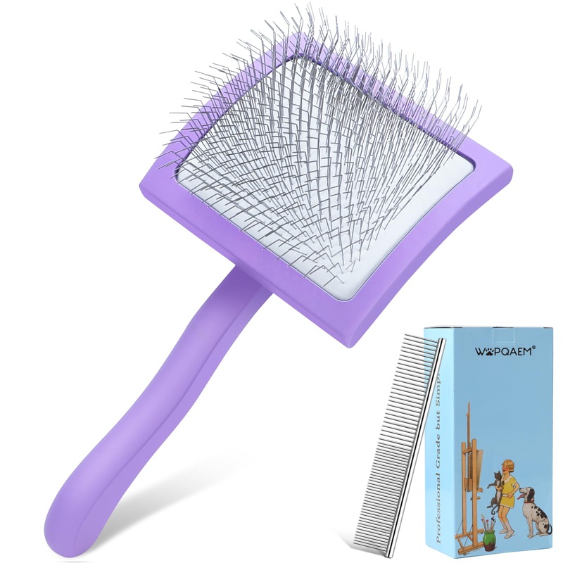 Slicker Brush for Dogs, Long Pin Dog Grooming Brush for Goldendoodles, Poodles, Doodles & More, Includes Bonus Pet Comb, Perfect for De-Shedding, Dematting & Reducing Tangles. Large, Purple