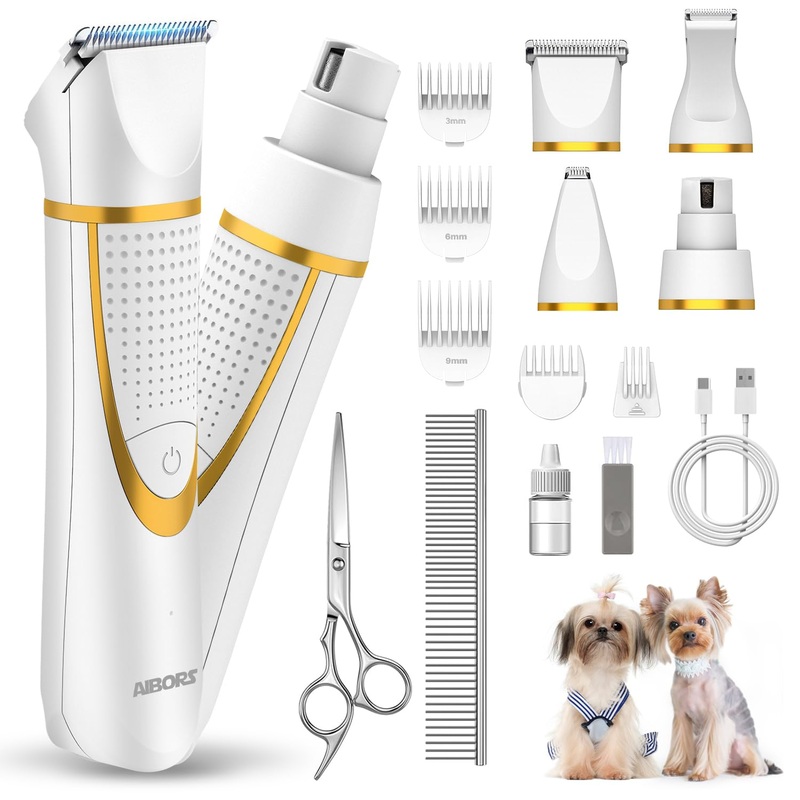Small Dog Grooming Kit, 4 in 1 Electric Cordless Dog Paw Trimmer with Nail Grinder, Low Noise Dog Nail Trimmers, IPX7 Waterproof Small Dog Grooming Clippers for Paws, Ears, Face, Hip Hairl A-white
