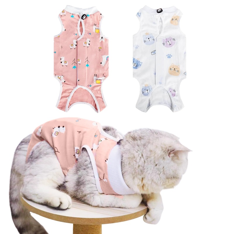2 Pcs Cat Surgery Recovery Suit, Cat Onesie for Cats After Surgery, Cat Recovery Suit Anti Licking Wounds, Cat Outfit E-Collar Alternative for Cats, Cat Spay Recovery Suit Female (Sheep+Cat, Medium) Sheep+Cat