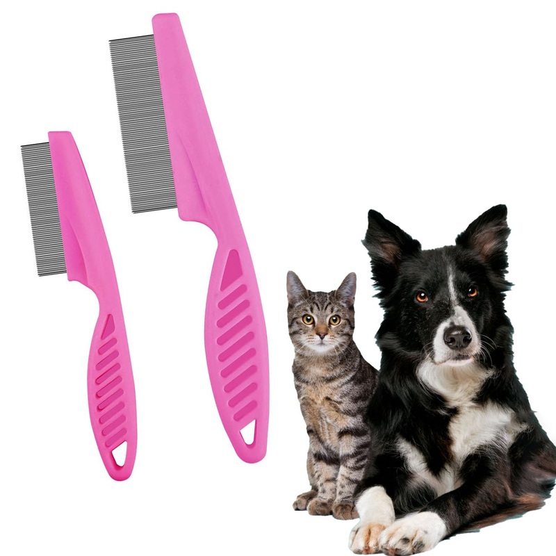 2 Pcs Multifunctional Pet Hair Comb Tear Stain Removal, Flea Brush for Cats Dog Combs Tooth Stainless Grooming Massage Comb Dog/Cat Lice Comb Pets Grooming Comb Kit for Small Dogs Puppies, Pink