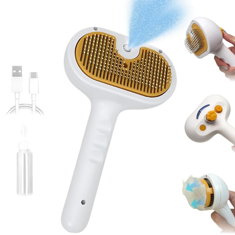 2025 Pet Grooming Brush with Spray for Cats & Dogs; Water/Mist/Steam Brush for Cat & Dog; 4in1: Self Cleaning, Anti Static Shedding Spray Comb, Hair Removal, Misting Indoor Steamy Grooming Brush