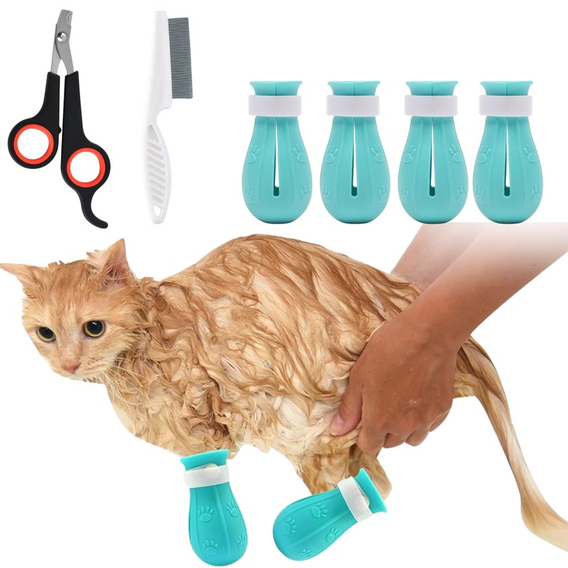 6Pcs Adjustable Silicone Cat Scratch Proof Boots with Pet Nail Clipper and Comb for Bathing and Grooming Feet Cover Cat Foot Cover for Home Pet Dog Ferret Rabbit Guinea Pig (Blue) Blue