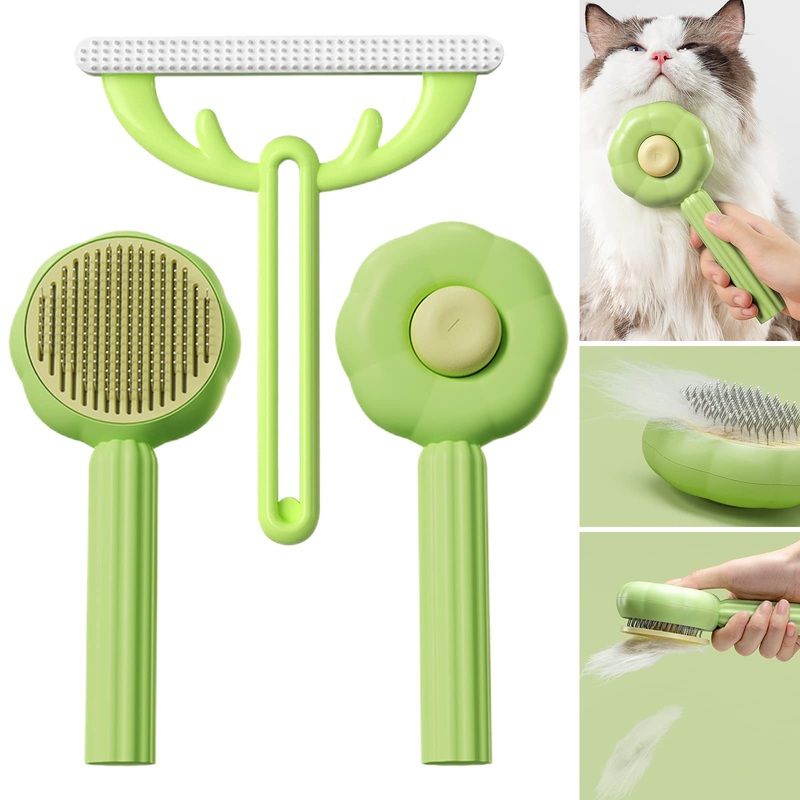 7.6in Pumpkin Pet Brush Cat, 2Pcs Creative Comfortable Self Cleaning Slicker Brush, Cat Brush for Shedding and Grooming Self Cleaning (Green) Green