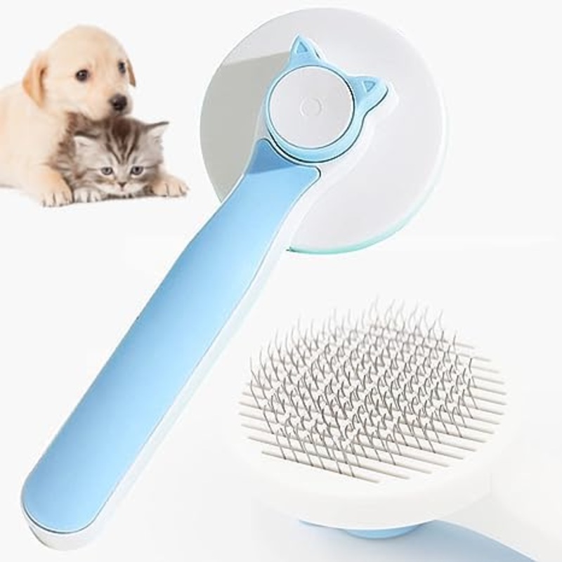 Cat Brush with Release Button Cute Pet Hair Massager,Cepillo Para Gatos,Cats Grooming Comb for Shedding or Furminator(blue) blue