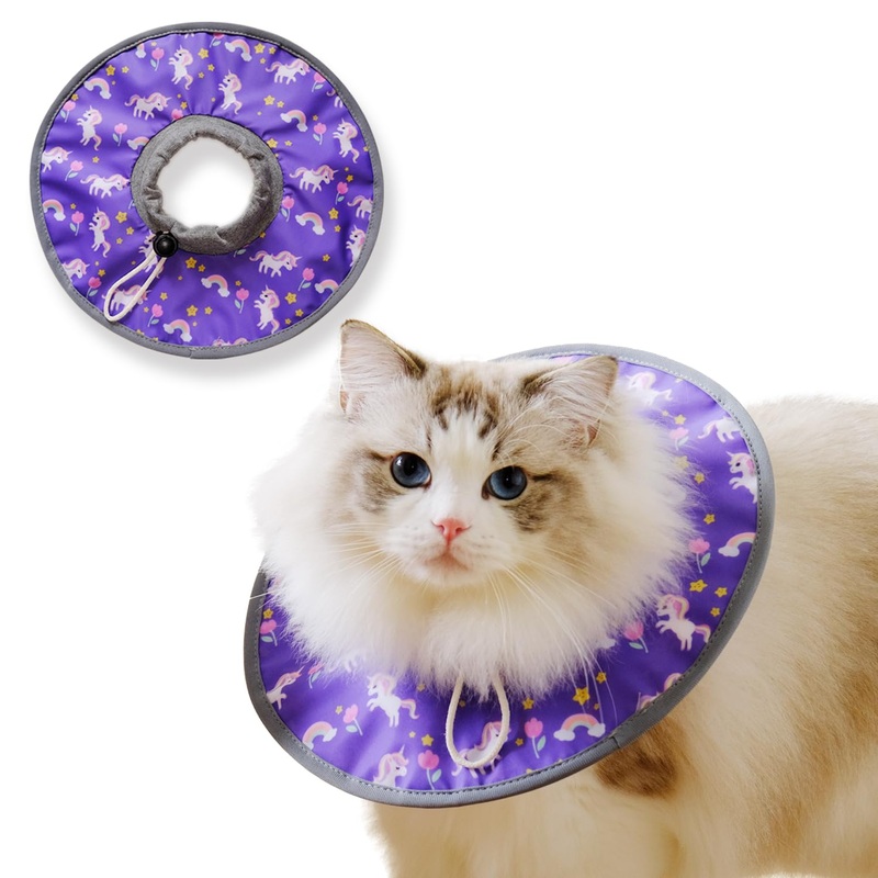 Cat Recovery Collar, Adjustable Waterproof Elizabethan E-Collar for Cats, Kittens, Small Dogs, Stop Licking Scratching After Surgery, Circular Lightweight Cute Drawstring for Easy Eating and Drinking L