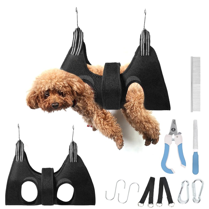 Dog Grooming Hammock for Small Dogs Cat with Pet Nail Clipper Trimmer Set,Pet Grooming Sling with Strong Waist Belt for Extra Security S Legs Spacing11″*3.9″ (15 LB Max) Black