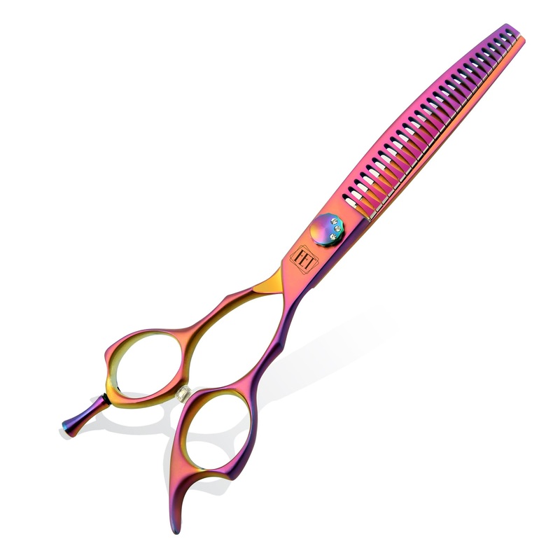 Dog Grooming Scissors: 7″ Curved Chunker Pet Shears Made Of Japanese 440C for Trimming Dogs Cats and Other Pets face and paws Haze Pink 7″Curved Chunker